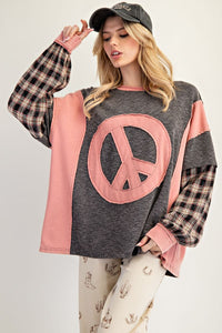 Easel Layered Peace Patch Thermal Knit Mineral Washed Pullover
