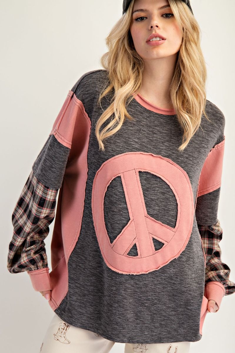 Easel Layered Peace Patch Thermal Knit Mineral Washed Pullover