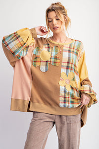 Easel Plaid Mix Daisy Patch Oversized Knit Top