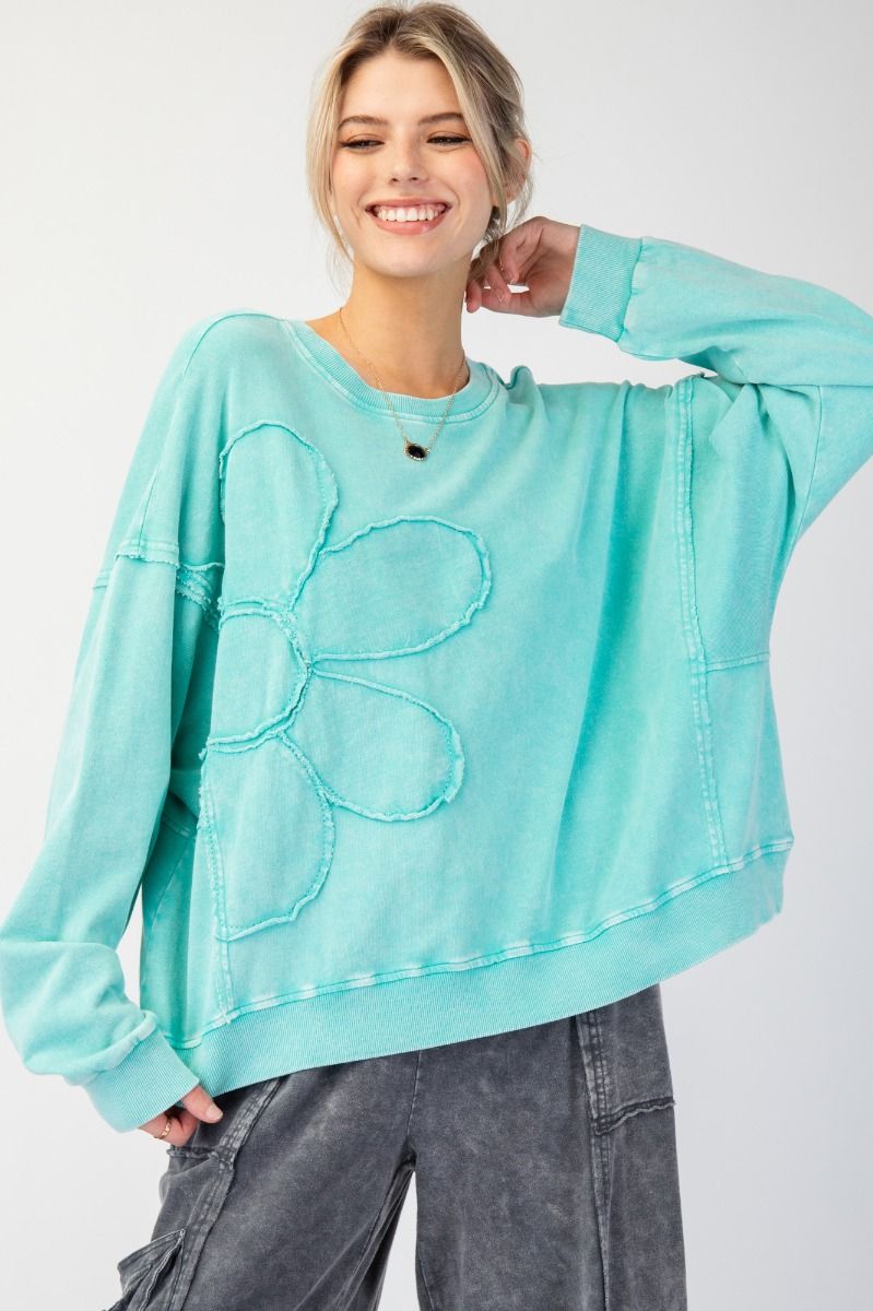 Easel Flower Patch Washed Terry Knit Pullover