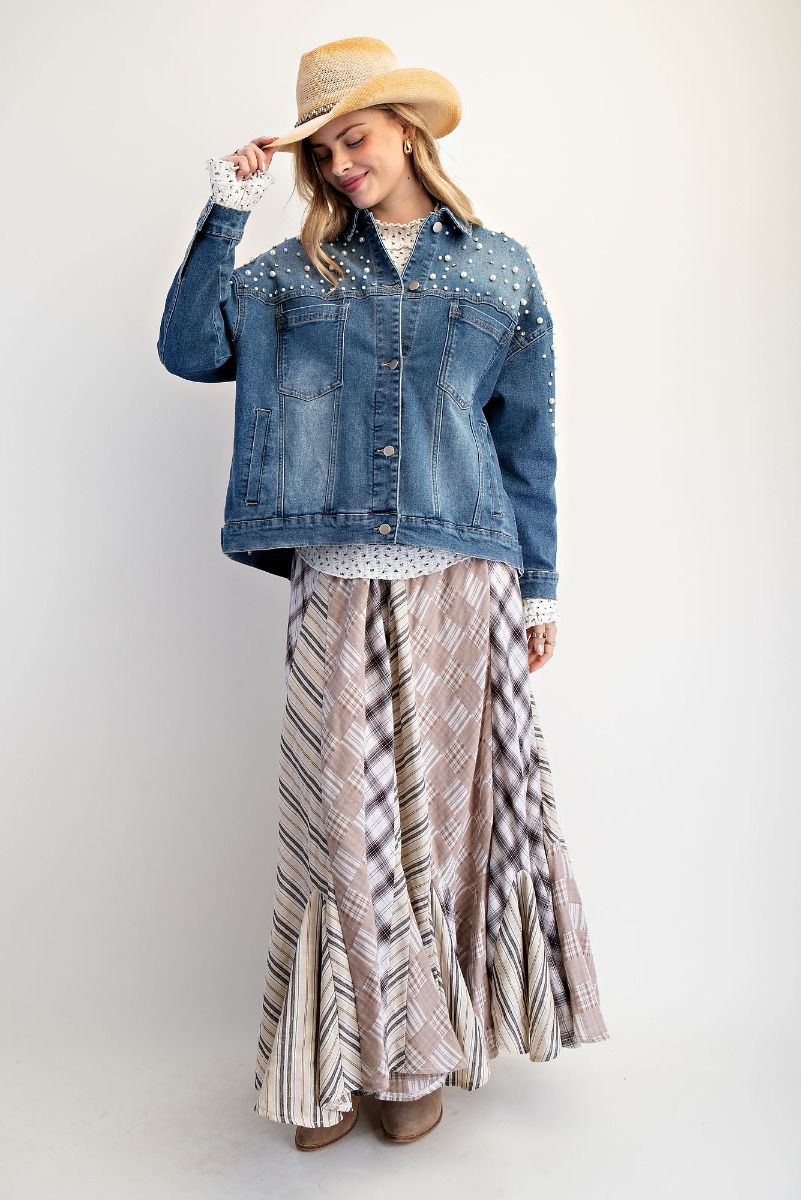 Easel Pearl Detailed Stretch Denim Jacket