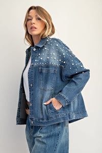 Easel Pearl Detailed Stretch Denim Jacket