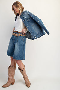 Easel Pearl Detailed Stretch Denim Jacket