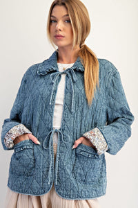 Easel Bow Front Quilted Denim Washed Jacket