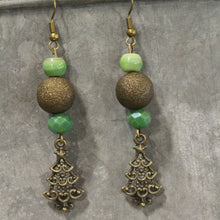 Load image into Gallery viewer, The Primitive Peddler Lighting Up The Christmas Tree Green Dangle Drop Earrings
