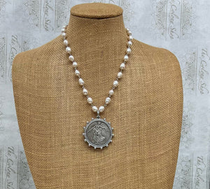 Crooked Creek Designs Silver Dollar with Pave and White Pearl Chain Necklace
