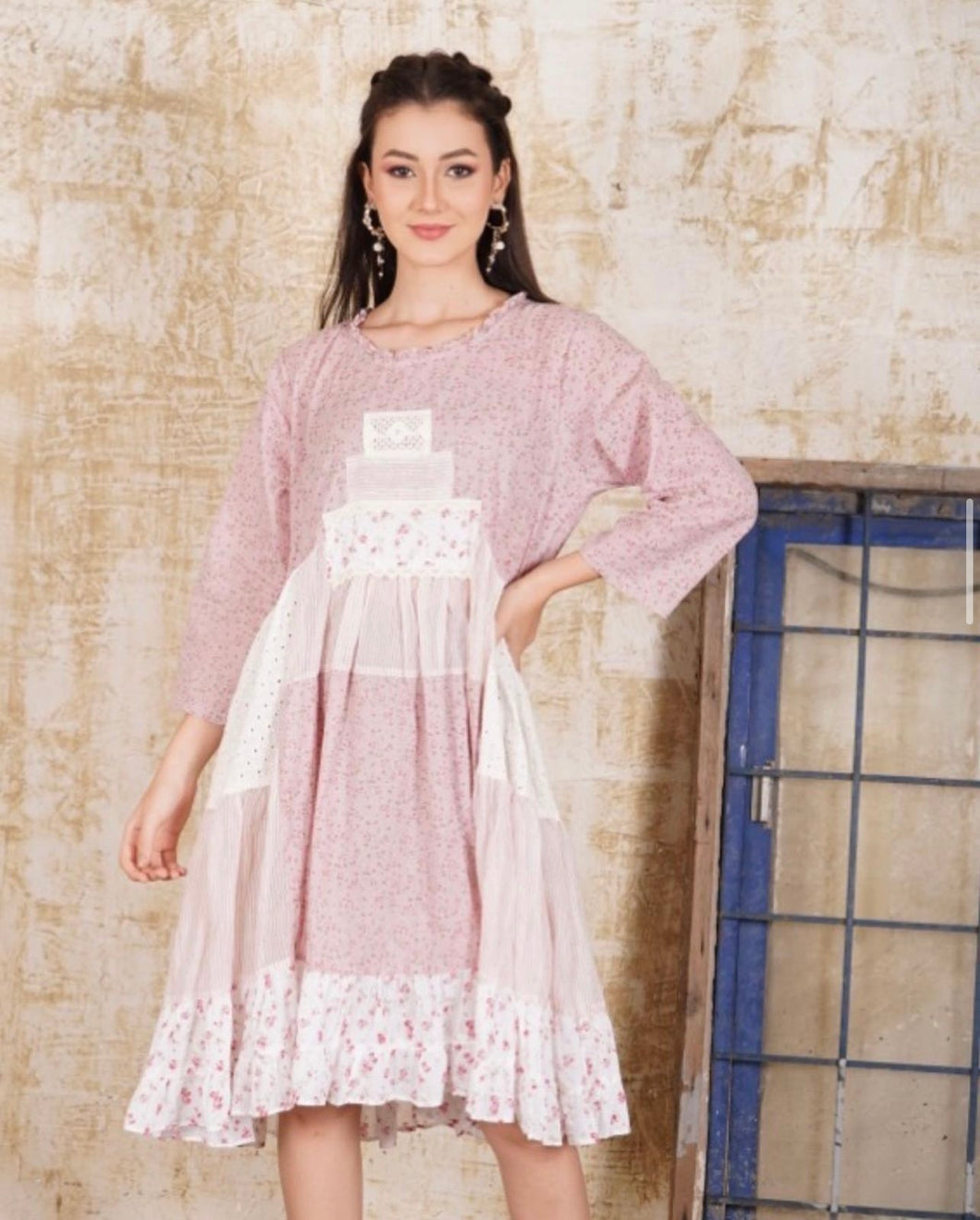 Paper Lace Ruffle Multi Patch Print Dress
