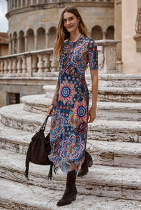 Johnny Was Mesh Elbow Sleeve Asymmetric Hem Dress