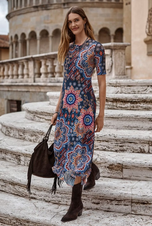 Johnny Was Mesh Elbow Sleeve Asymmetric Hem Dress