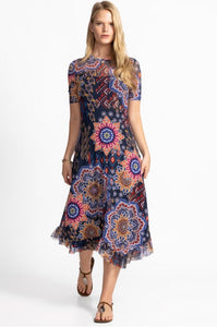 Johnny Was Mesh Elbow Sleeve Asymmetric Hem Dress