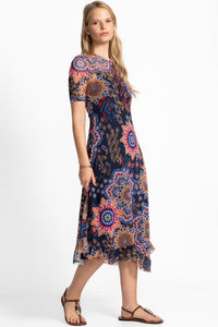 Johnny Was Mesh Elbow Sleeve Asymmetric Hem Dress