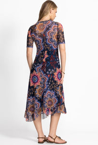 Johnny Was Mesh Elbow Sleeve Asymmetric Hem Dress